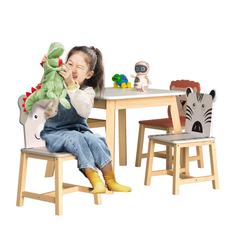 5 Piece Kiddy Table and Chair Set , Kids Wood Table with 4 Chairs Set Cartoon Animals（3-8 years old）
