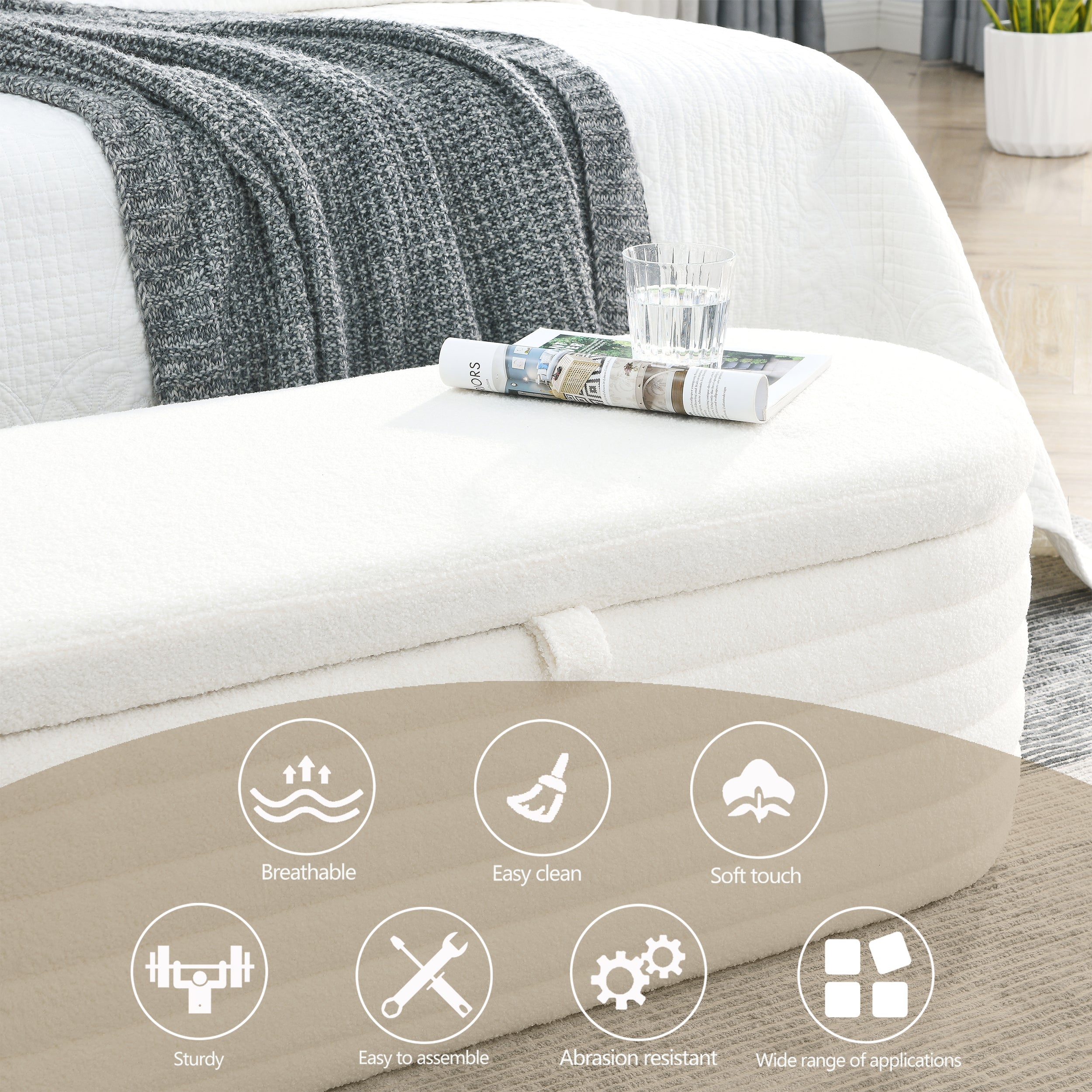 Storage Ottoman Bench Upholstered Fabric Storage - White Teddy