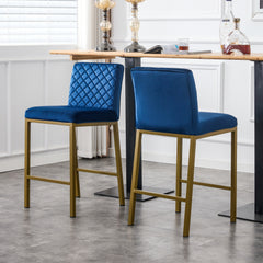 Modern Design High Counter Stool Metal Legs - Dark Blue Velvet Bar Chair (Set of 2)