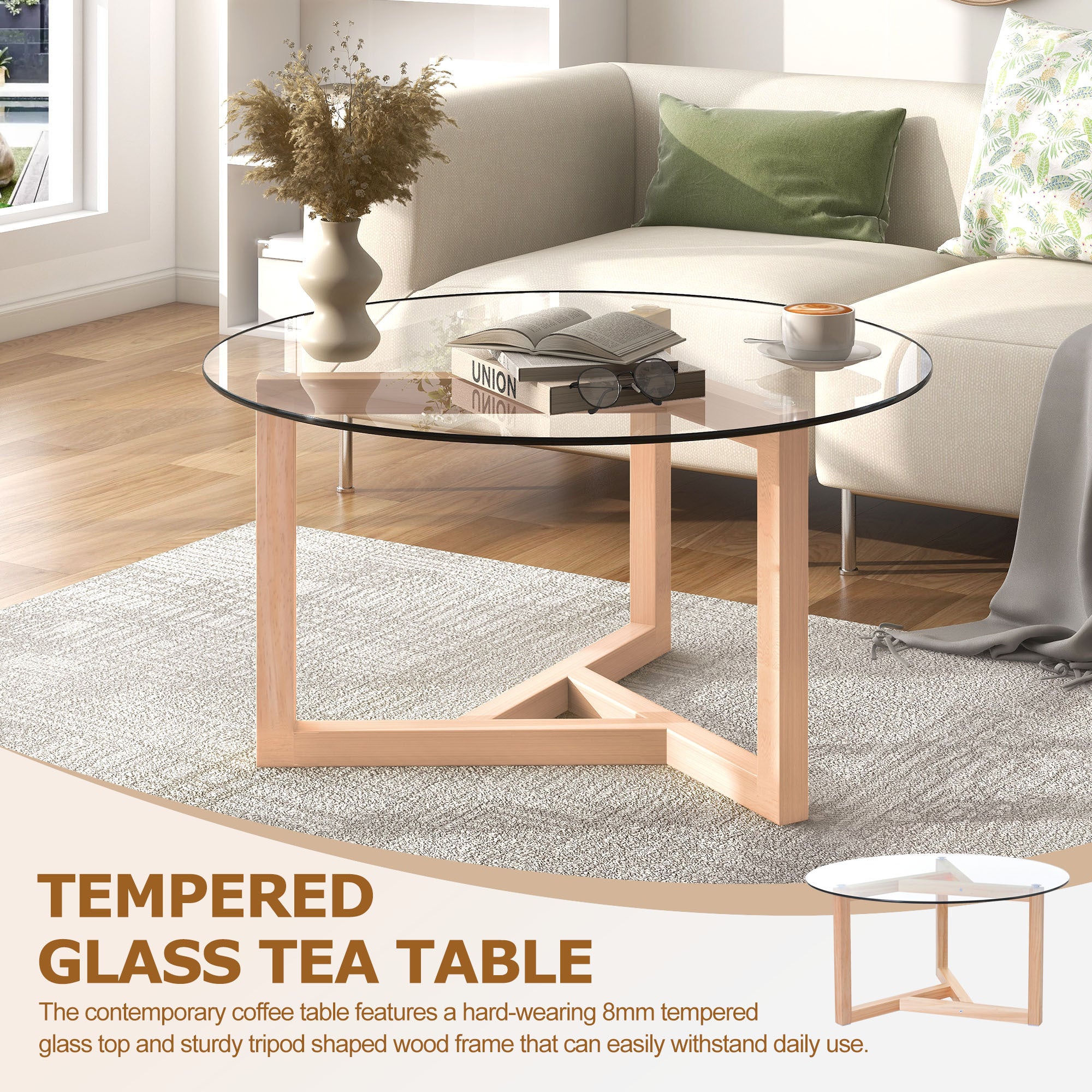 Round Modern Glass Coffee Table - Natural