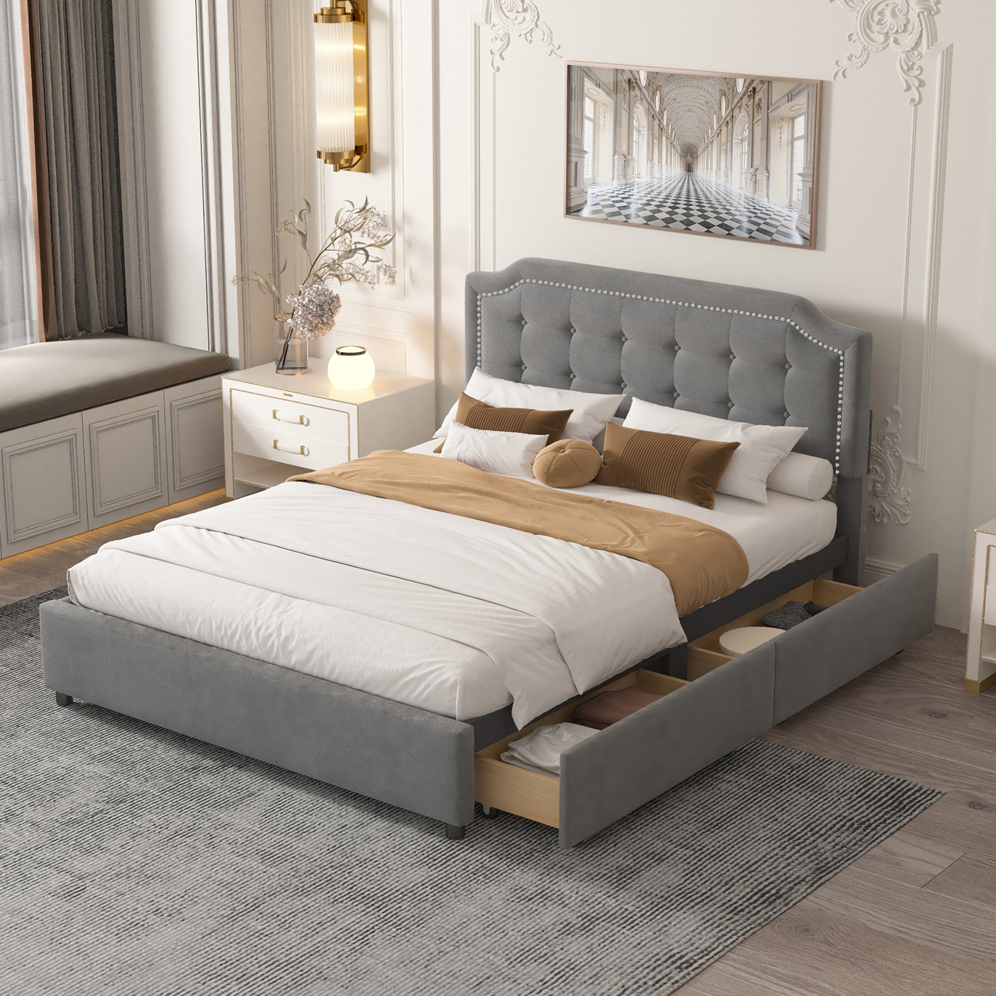 Elegant Queen Size Bed with Classic Headboard and 4 Drawers - Velvet Gray