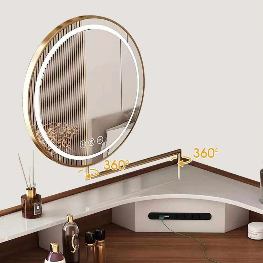 Modern Corner Makeup Vanity Table with LED Lighted Mirror, 5 Drawers, Stool