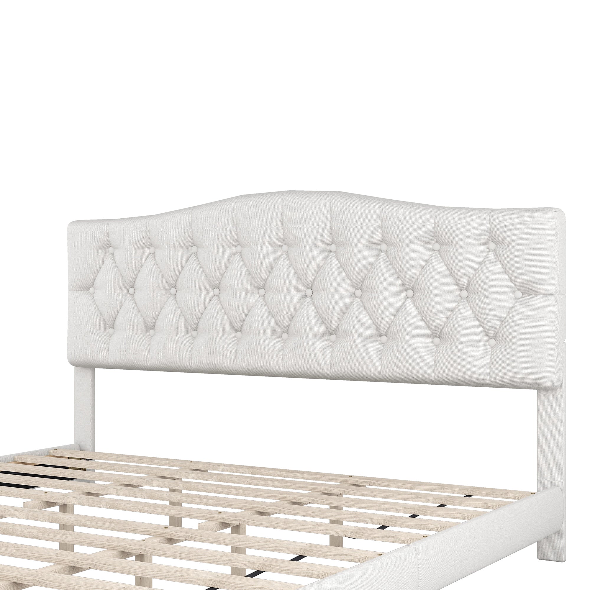 Upholstered Platform King Bed with Saddle Curved Headboard and Diamond Tufted Details - Beige