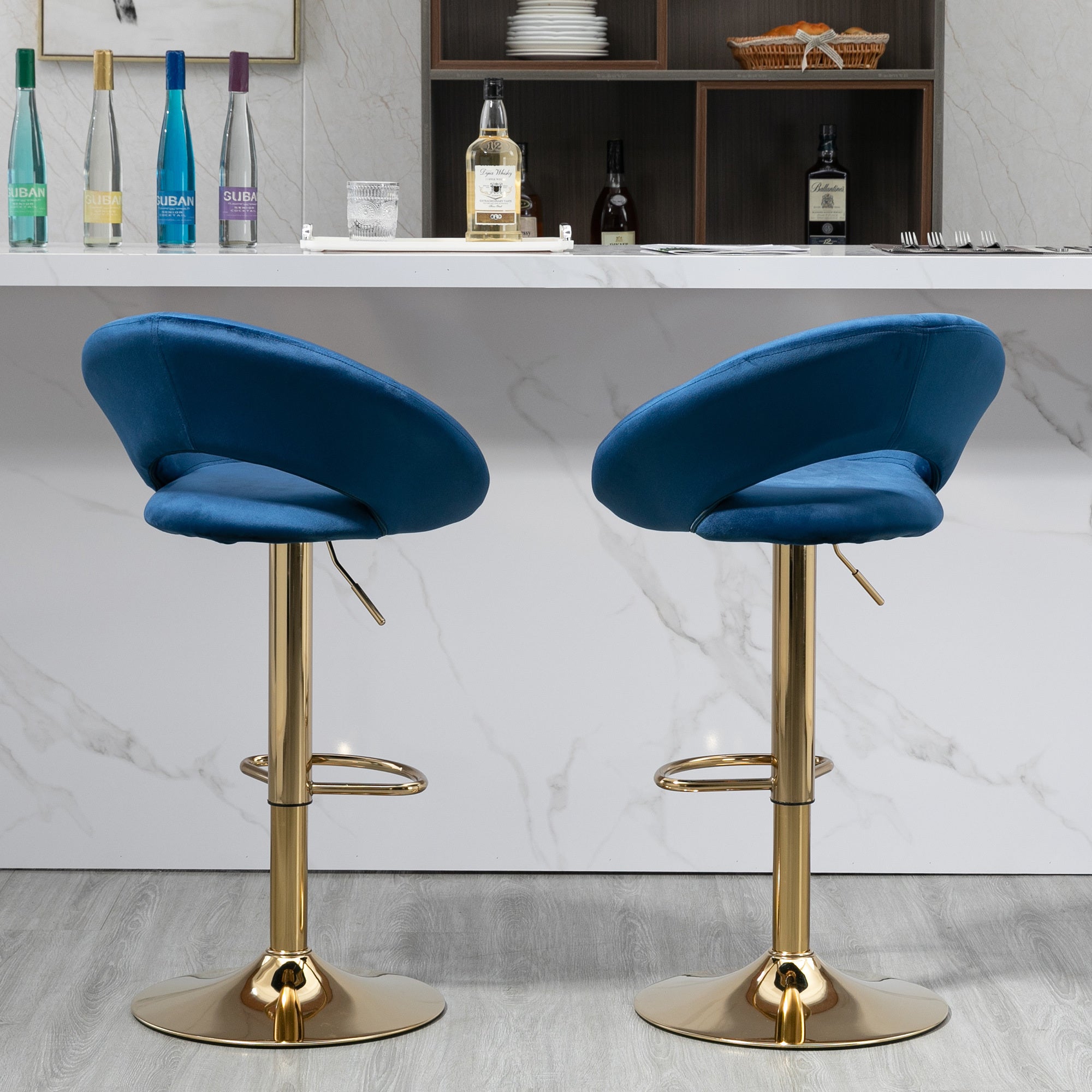 Modern Swivel Bar Stools Adjustable (Set of 2) - Blue Velvet