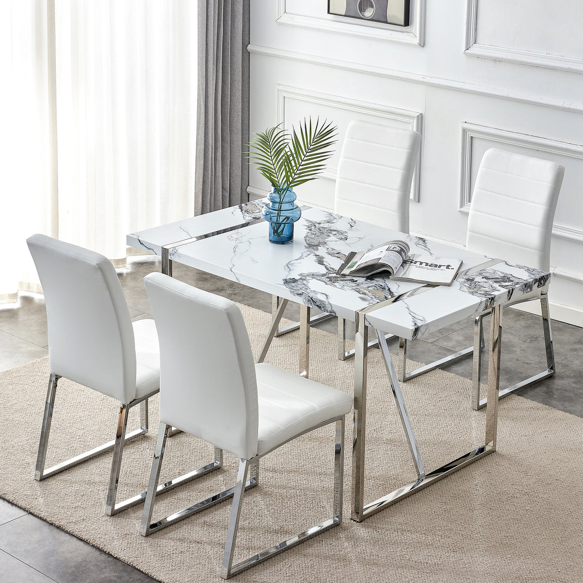 Dining Table Chairs Set for 4, Rectangular Dining Room Table Set, Faux Marble Modern Dining Table & Leather Chairs for Kitchen Dining Room, White