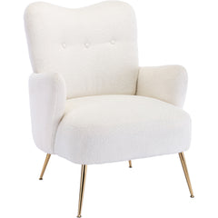 Modern Teddy Short Plush Particle Armchair, Accent Chair with Golden Metal Legs and High Back - White