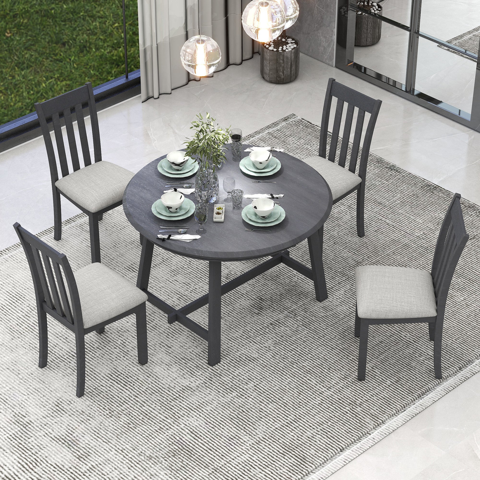 5-Piece Wood Dining Set Round Extendable Table with 4 Dining Chairs - Gray