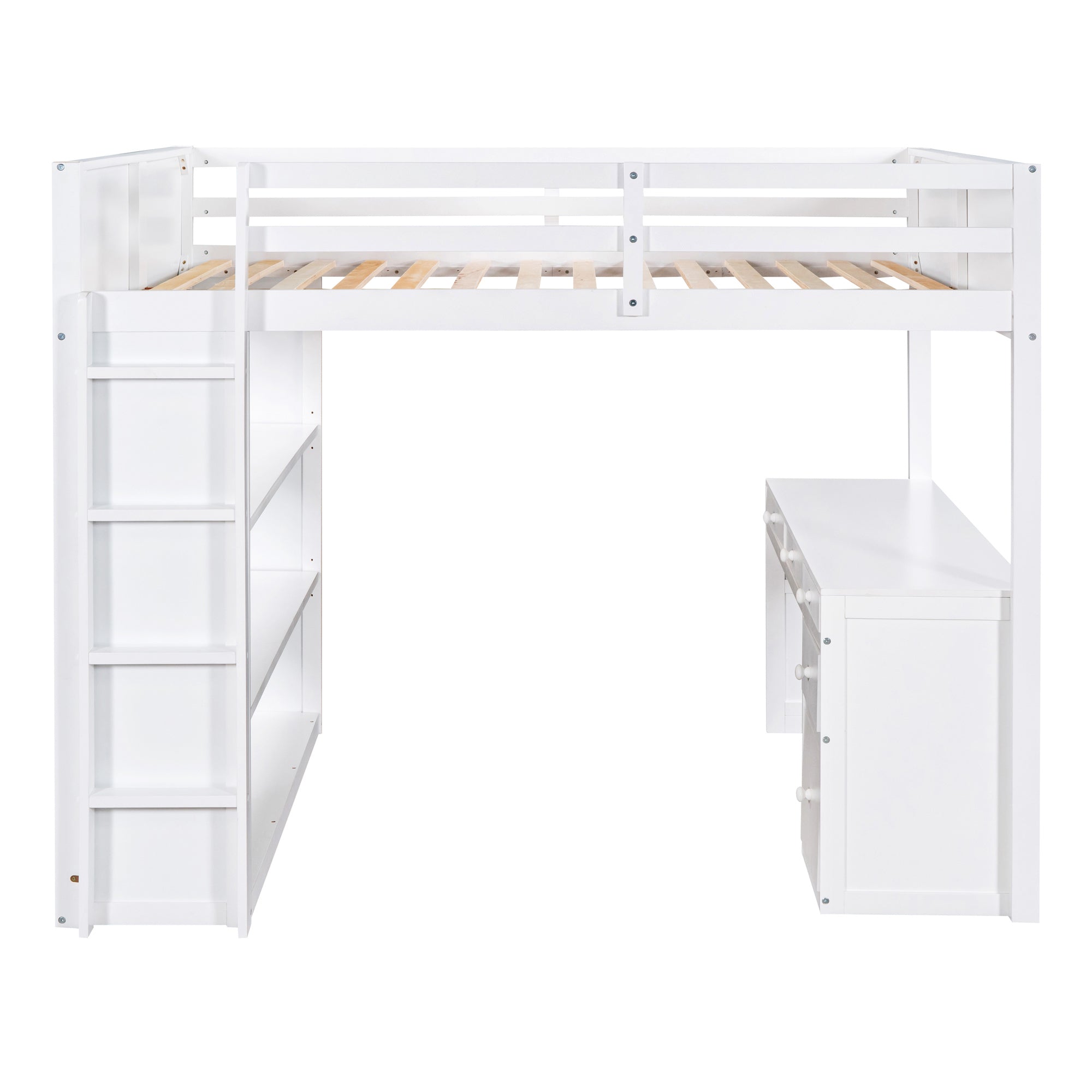Full Size Loft Bed with Ladder, Shelves and Desk - White
