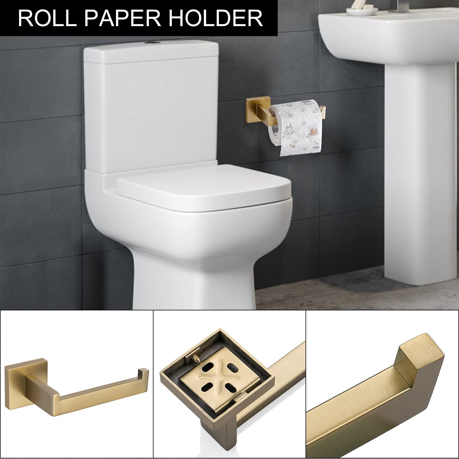 5 Pieces Bathroom Hardware Accessories Set Towel Bar Set Wall Mounted, Stainless Steel - Brushed Gold