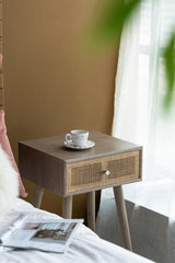 27"Tall Storage Cabinet with Natural Rattan Decorated Drawer Bedside Console Table with Grey Finished Surface