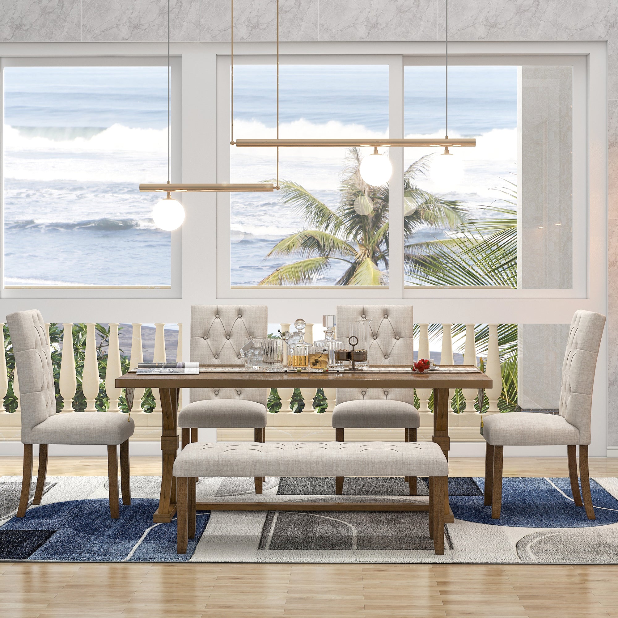 6-Piece Farmhouse Dining Table Set 72" Wood Rectangular Table, 4 Upholstered Chairs with Bench - Walnut