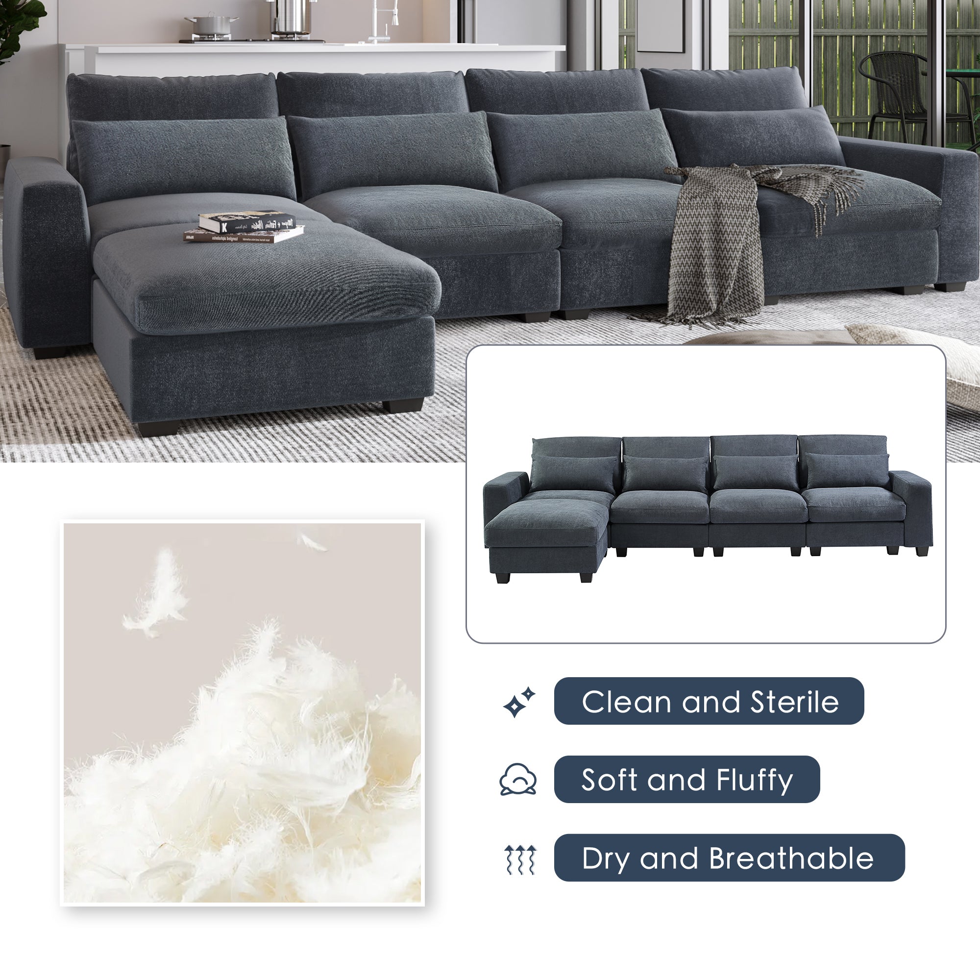 U_Style Modern Large L-Shape Feather Filled Sectional Sofa,  Convertible Sofa Couch with Reversible Chaise - Dark Gray