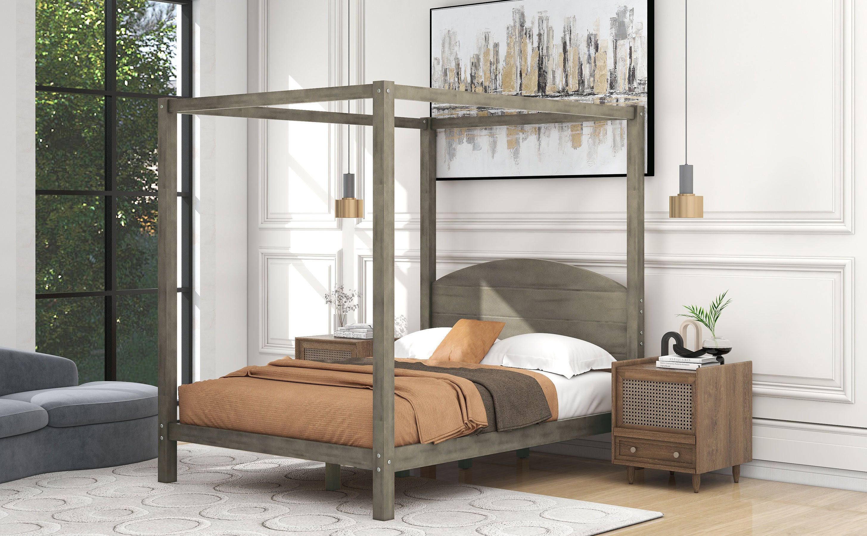 Full Size Canopy Platform Bed - Brown Wash