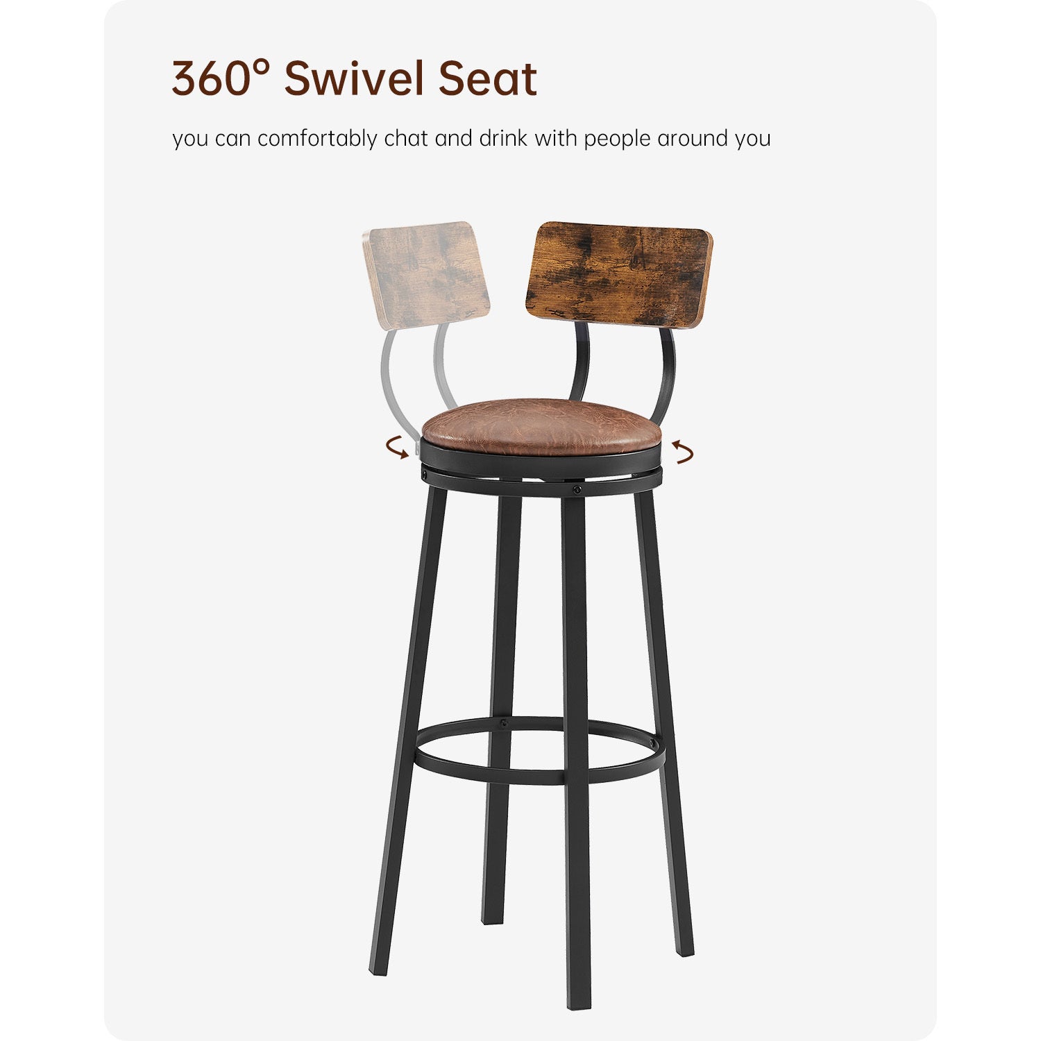 High Bar Stool With Backrest PU Soft Seat Cushion and Footrest (Set of 2) - Rustic Brown