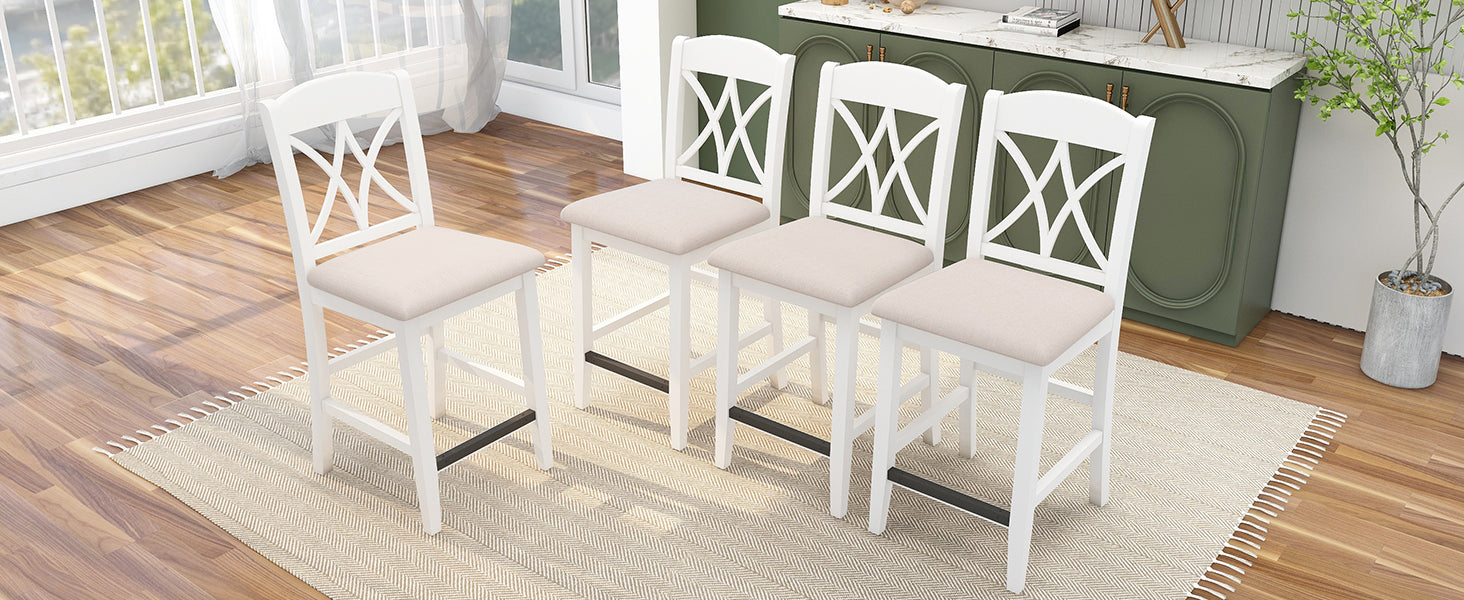 Counter Height Wood Upholstered Dining Chairs with Cross Backs (Set of 4) - White+Beige