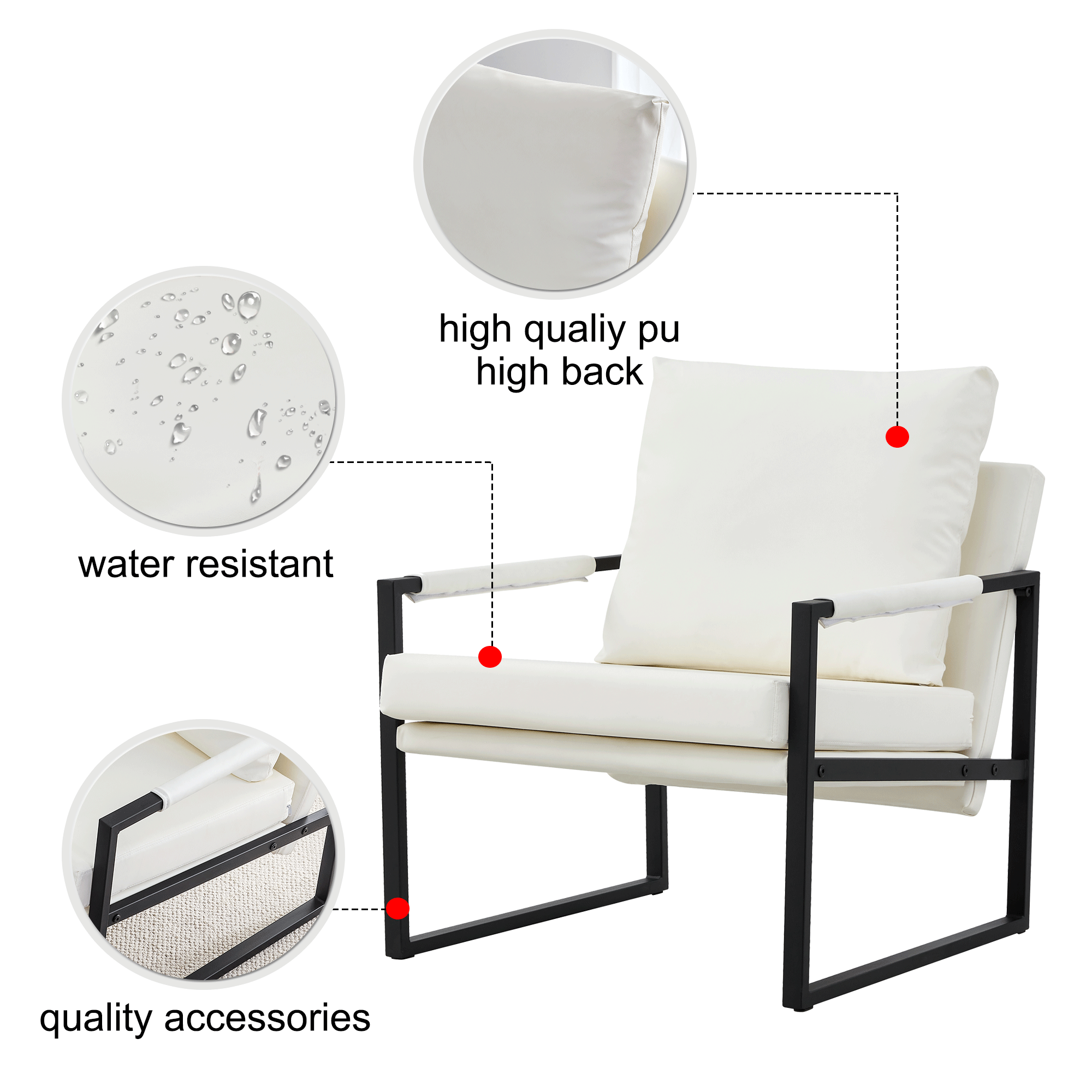 Modern Sofa Chair - White PU Leather + Metal Frame + Foam