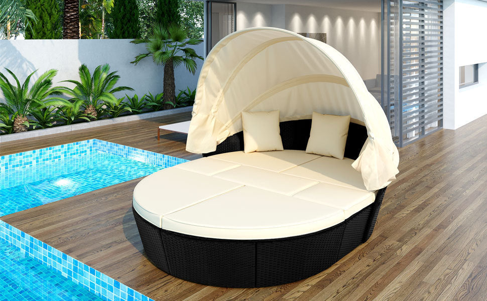 Outdoor Rattan Daybed Sunbed with Retractable Canopy Wicker - Beige