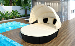 Outdoor Rattan Daybed Sunbed with Retractable Canopy Wicker - Beige