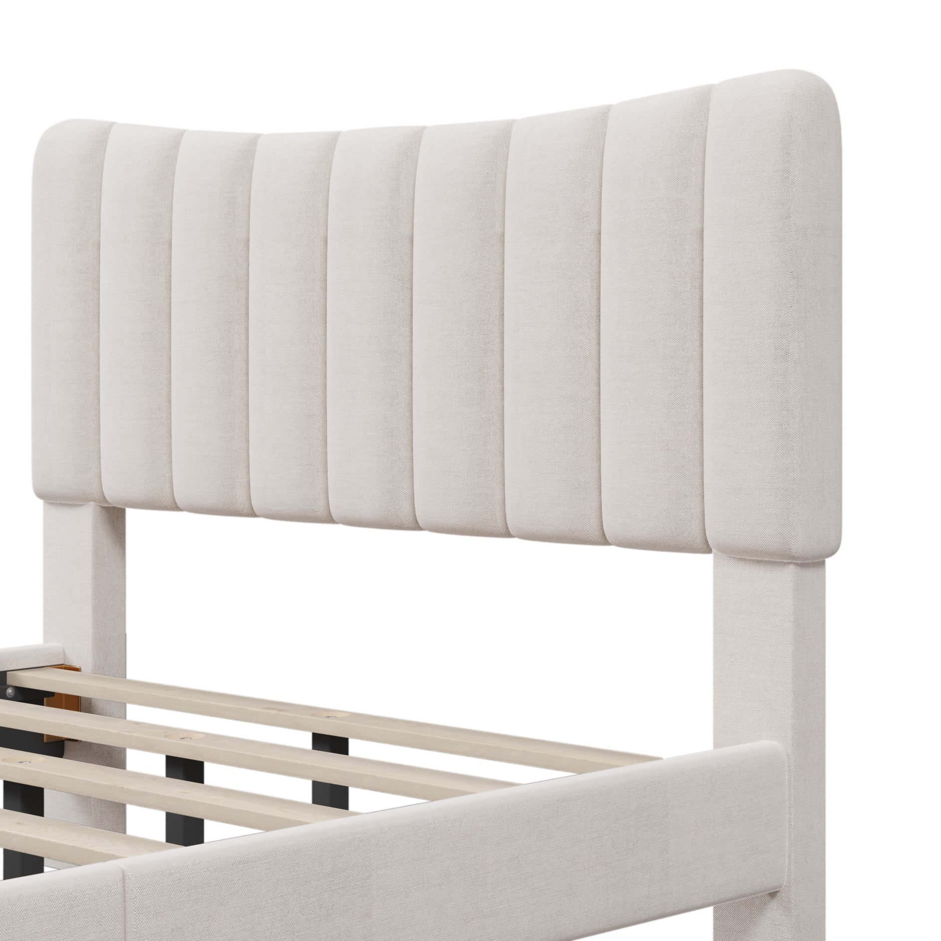 Full Bed - Upholstered Platform Bed Frame with Vertical Channel Tufted Headboard, No Box Spring Needed - Cream