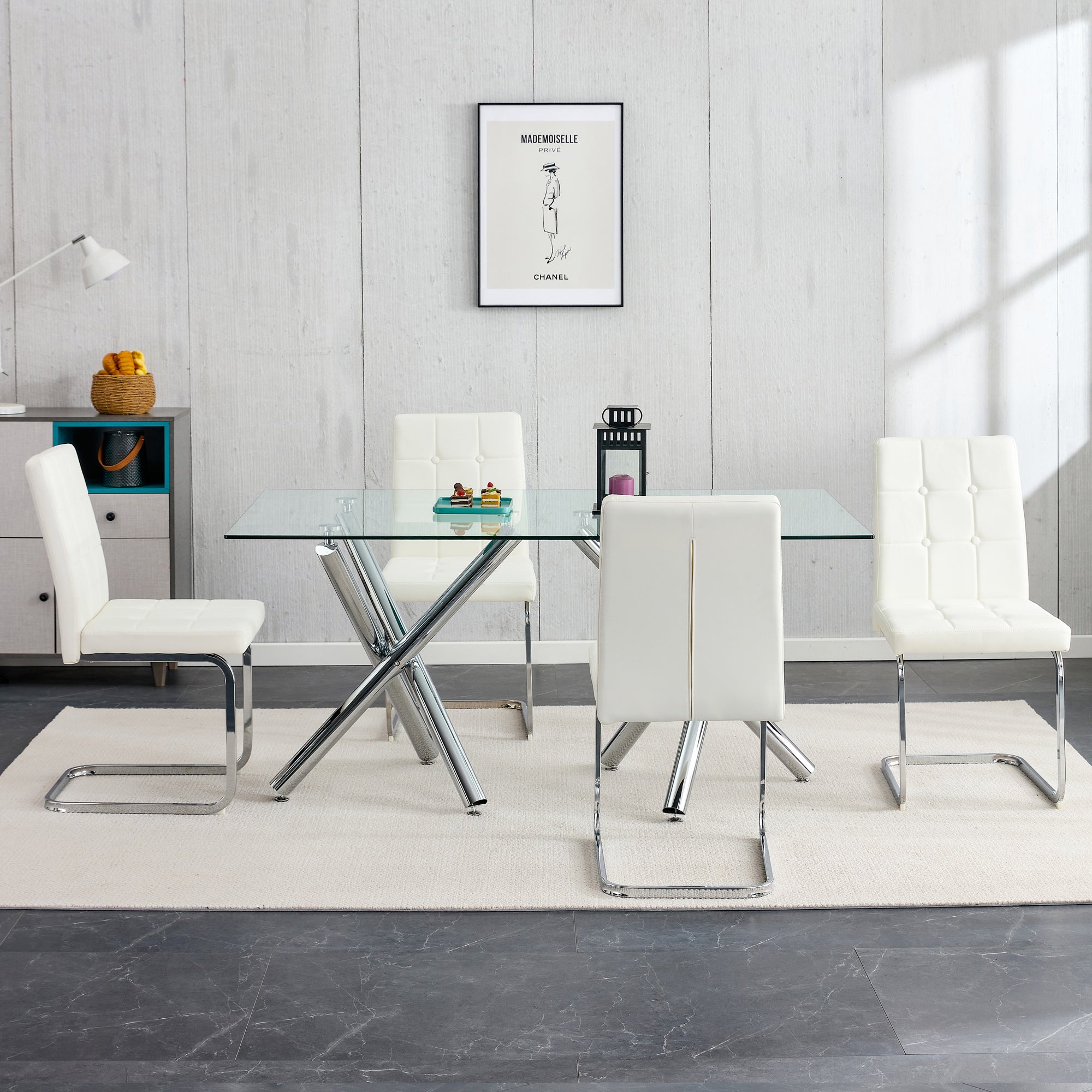 Modern Style Dining Chairs with Inset Buttons, C-shaped Tube Plating Metal Legs (Set of 2) - White
