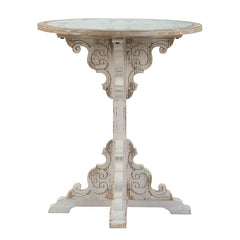 Round Wooden Carved Table - Distressed White Finish Design 24x28.5"