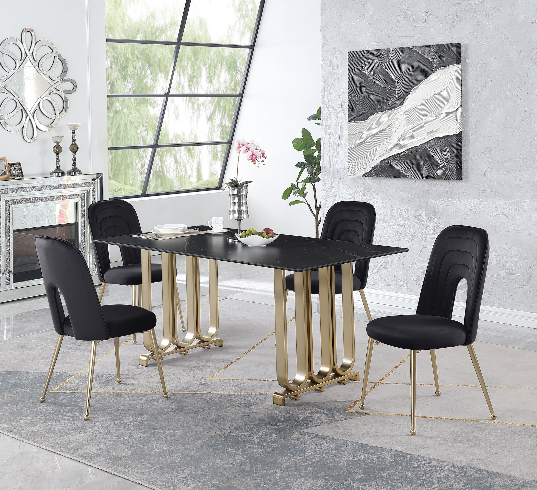 Mid Century Velvet Upholstered Dining Chairs with Metal Legs (Set of 2) - Black