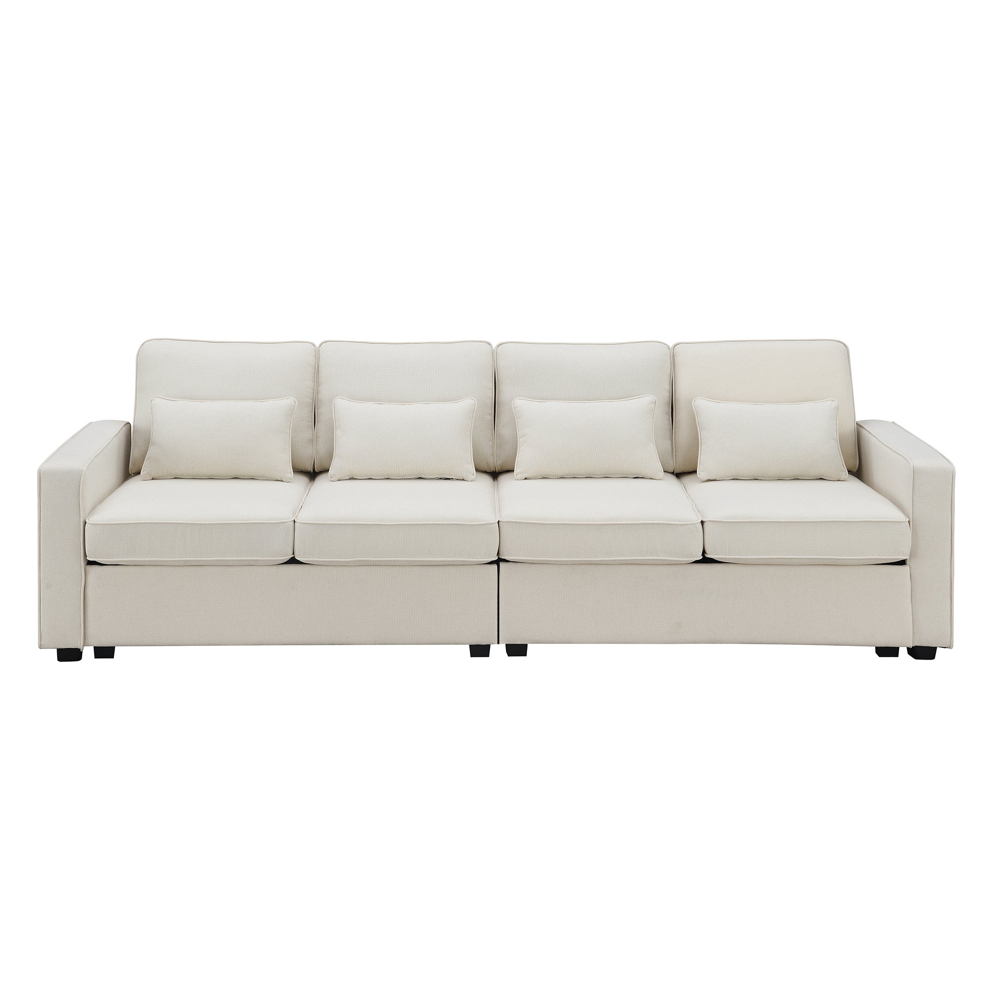 104" 4-Seater Modern Linen Fabric Sofa with Armrest Pockets and 4 Pillows,Minimalist Style Couch - Beige