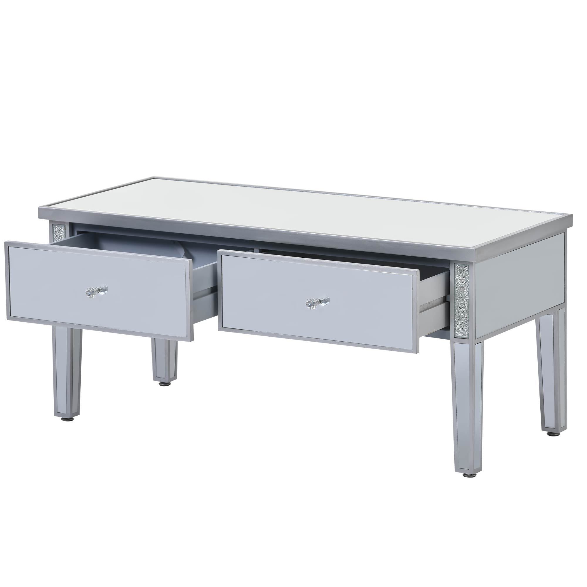Modern Glass Mirrored Coffee Table with 2 Drawers, Cocktail Table with Crystal Handles and Adjustable Height Legs - Silver