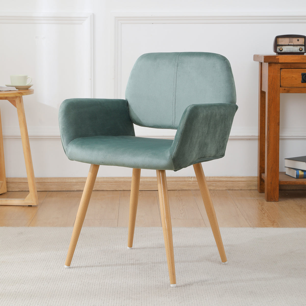 Velvet Dining Chair with Metal Leg - Green + Beech Wooden Printing Leg