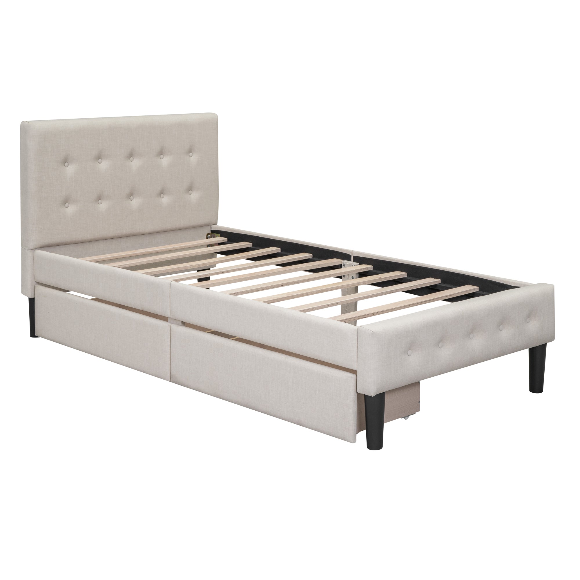 Twin Size Upholstered Platform Bed with 2 Drawers - Beige