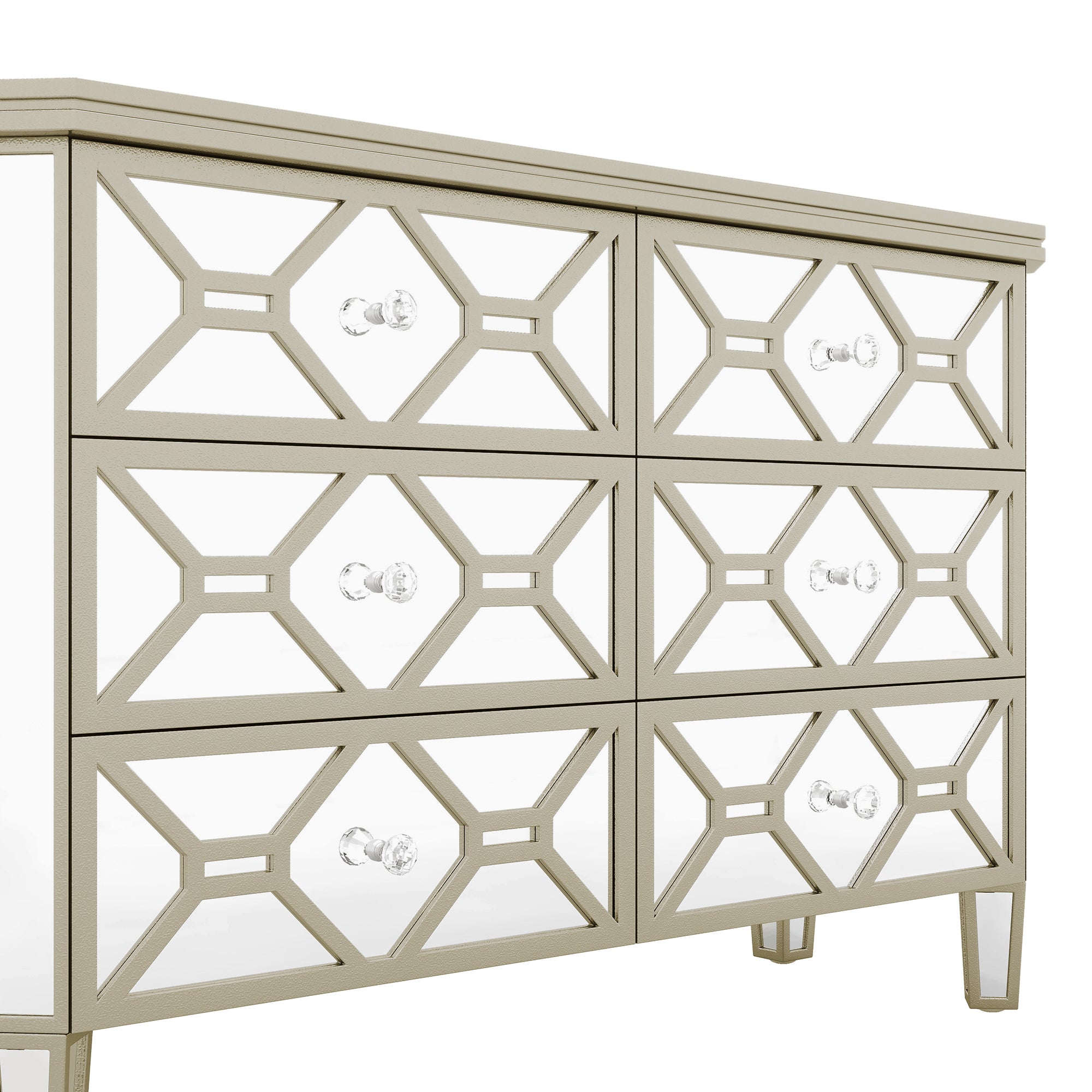 Elegant Mirrored 6-Drawer Dresser with Golden Lines Storage Cabinet