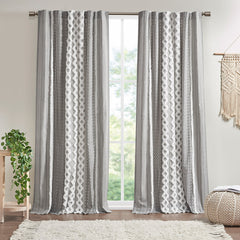 Cotton Printed Curtain Panel with Chenille Stripe and Lining - Gray