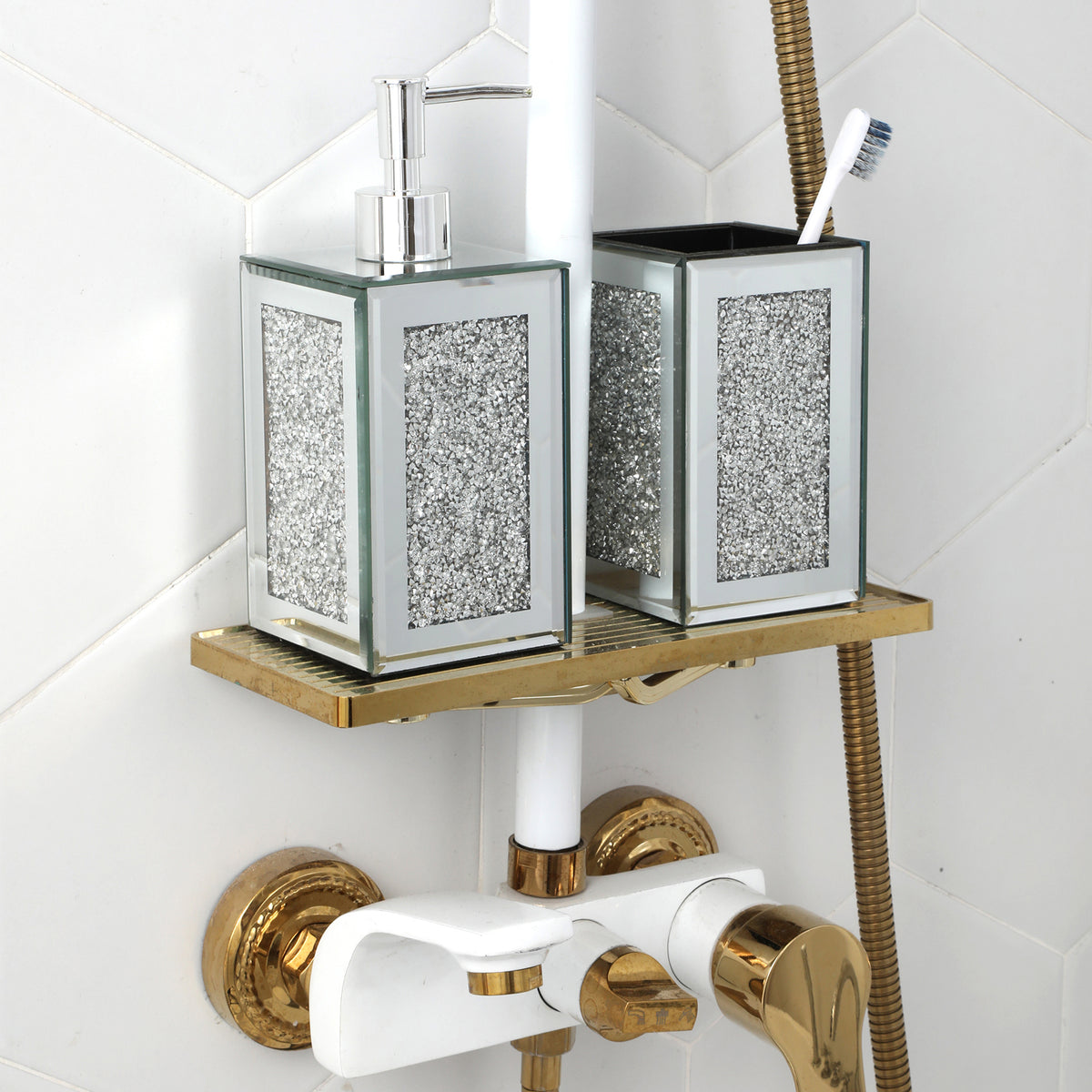 Ambrose Exquisite 2 Piece Square Soap Dispenser and Toothbrush Holder - Silver