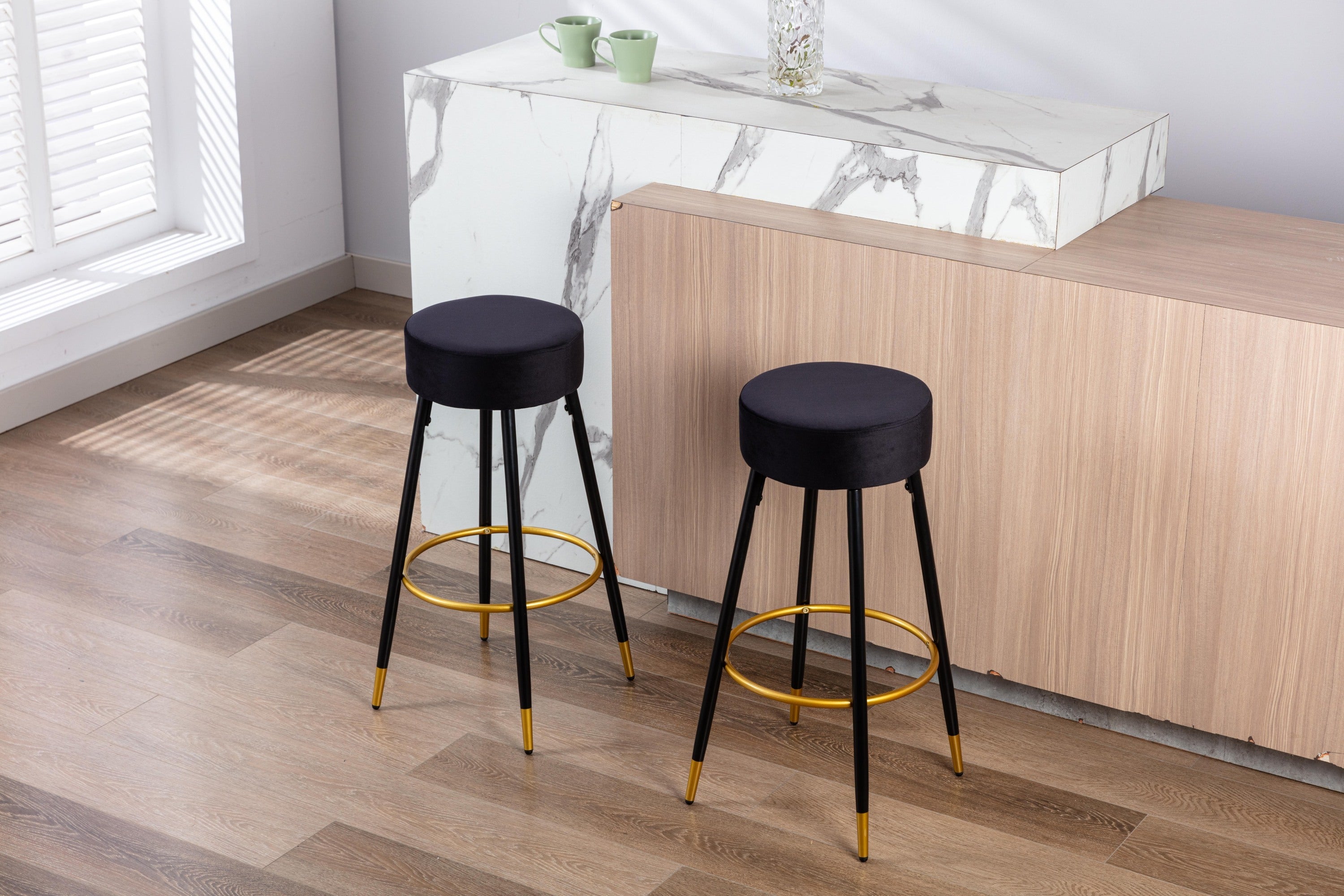 Velvet Kitchen Stools Upholstered Bar Stools 24 Inches (Set of 2) - Black