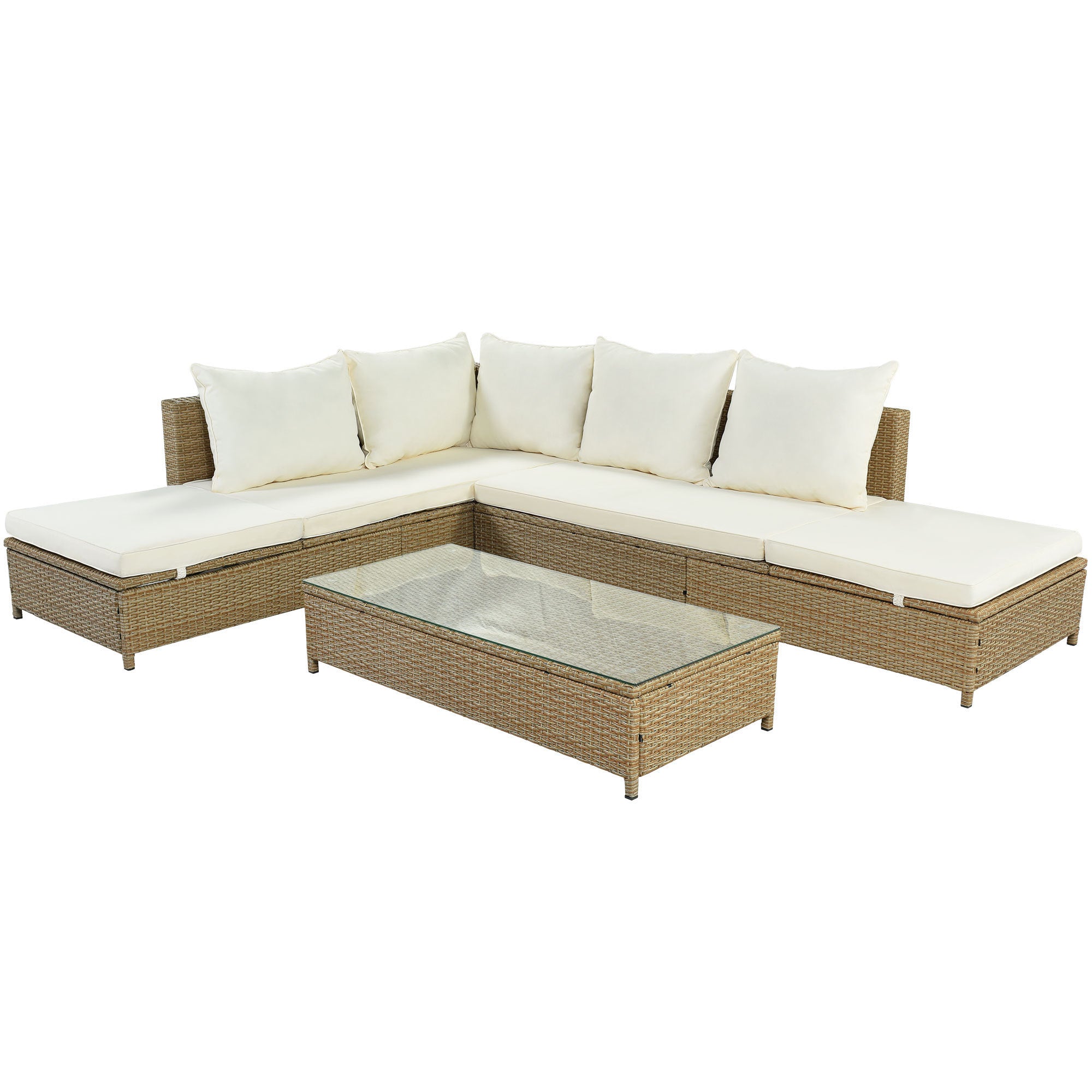 Patio 3-Piece Rattan Sofa Set All Weather - Natural Brown+ Beige Cushion