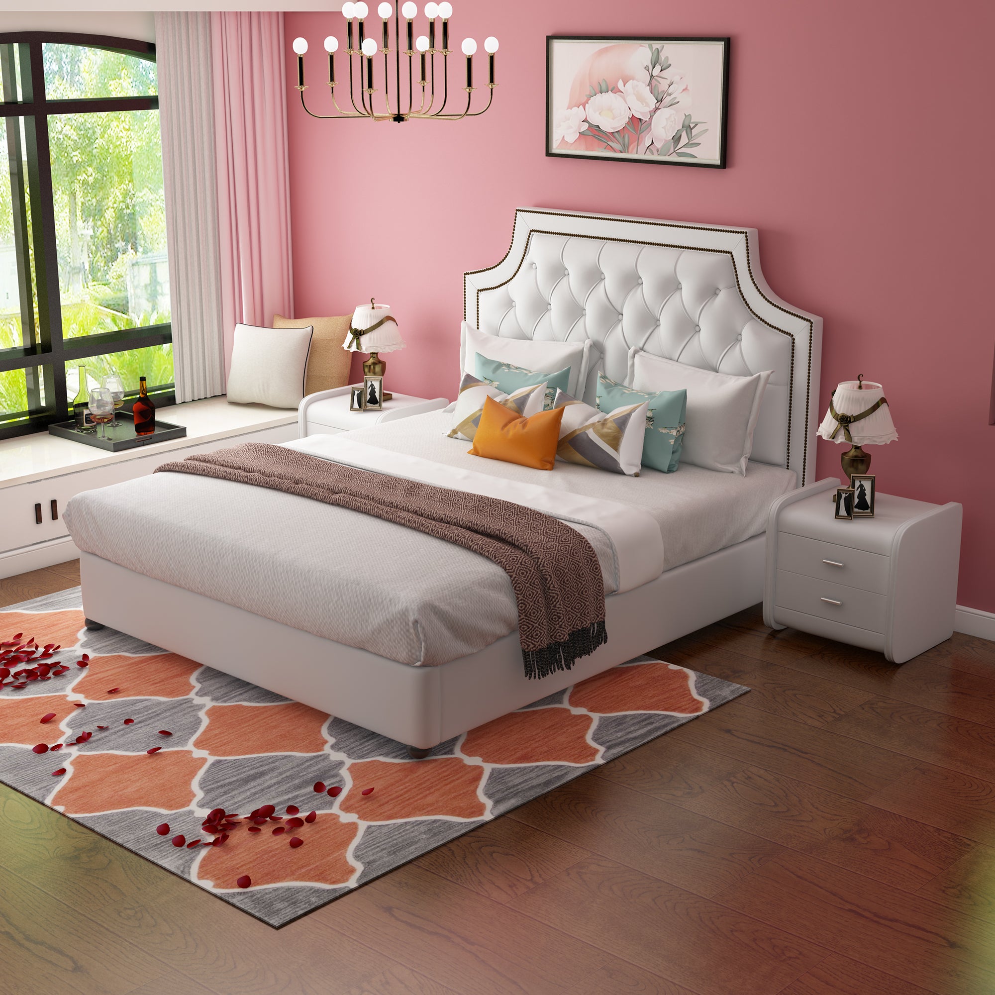 Twin Bed Frame with Button Tufted Headboard, Faux Leather Upholstered Mattress Wooden Slat Support