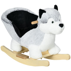 Wooden Rocking Horse, Husky Themed Rocking Animal for Baby, Animal Rocker Ride-On Toy for Kids 18+ Months with Realistic Sounds, Seat Belt, Gray
