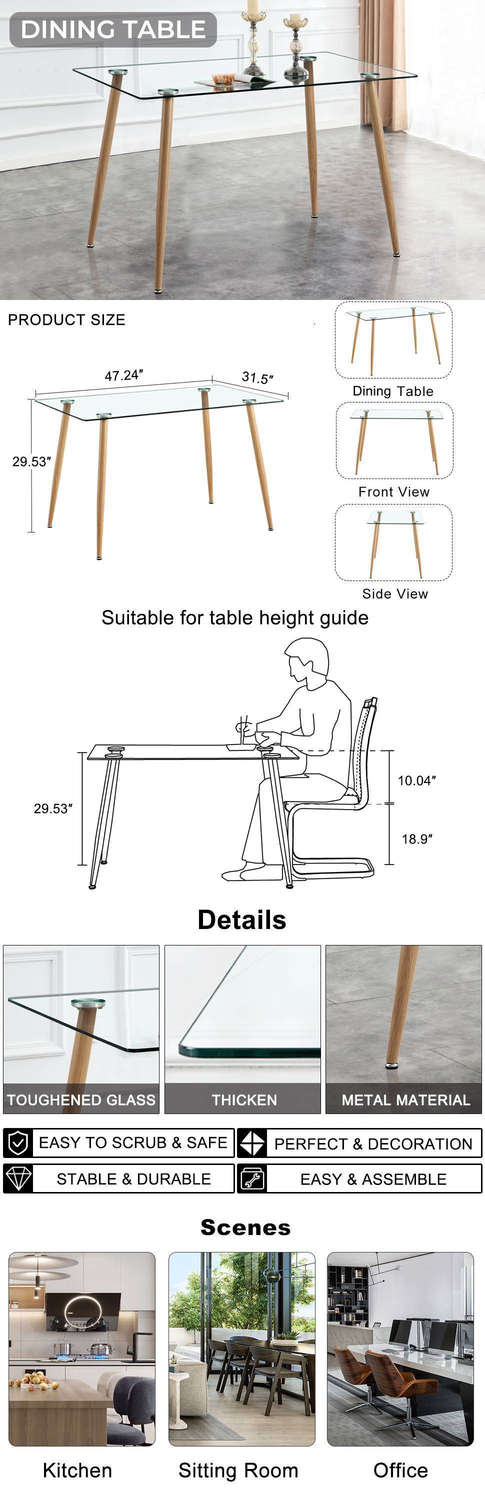Modern Minimalist Rectangular Glass Dining Table for 4-6 with 0.31" Tempered Glass Tabletop and Wood color Coating Metal Legs - Transparent