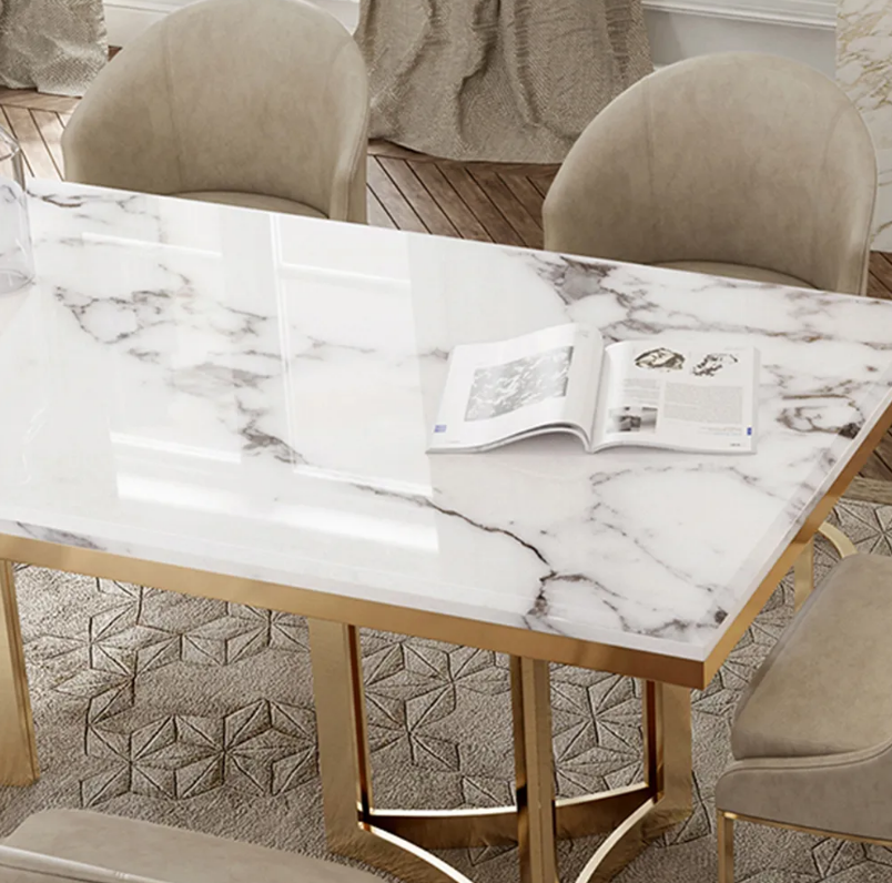 Modern Marble Dining Table with Rectangular Tabletop Gold Stainless Legs (chairs not included) - White