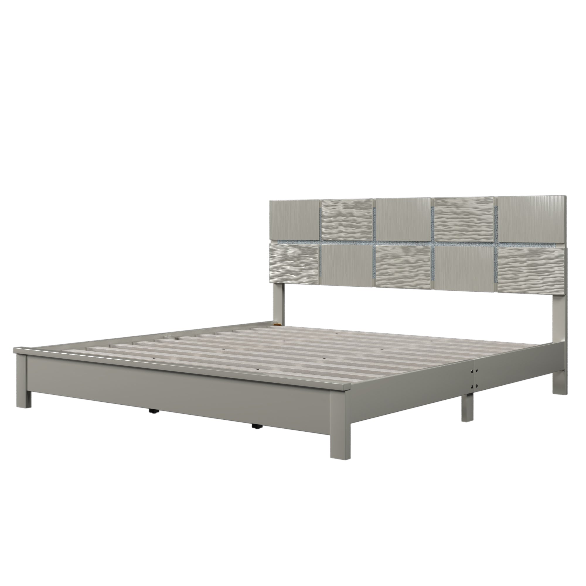 King Size Champagne Silver Platform Bed Solid Rubber Wood Frame and Legs
