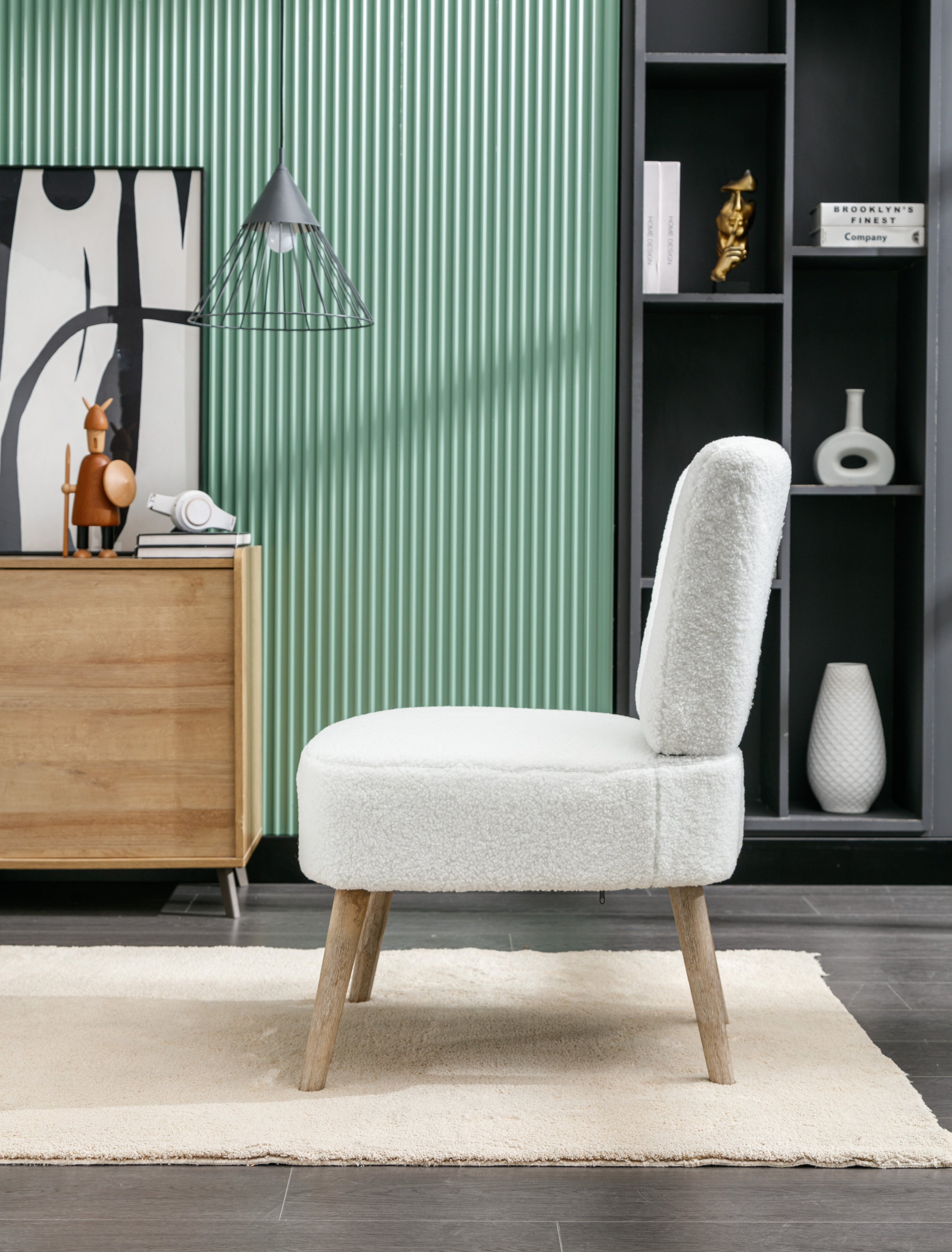 Teddy Fabric Button Accent Slipper Chair With Wooden Legs - White