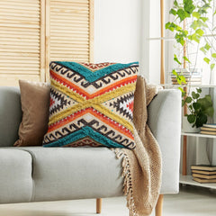 Square Cotton Accent Throw Pillow, Aztec Tribal Inspired Pattern, Trimmed Fringes 18x18" - Multicolor