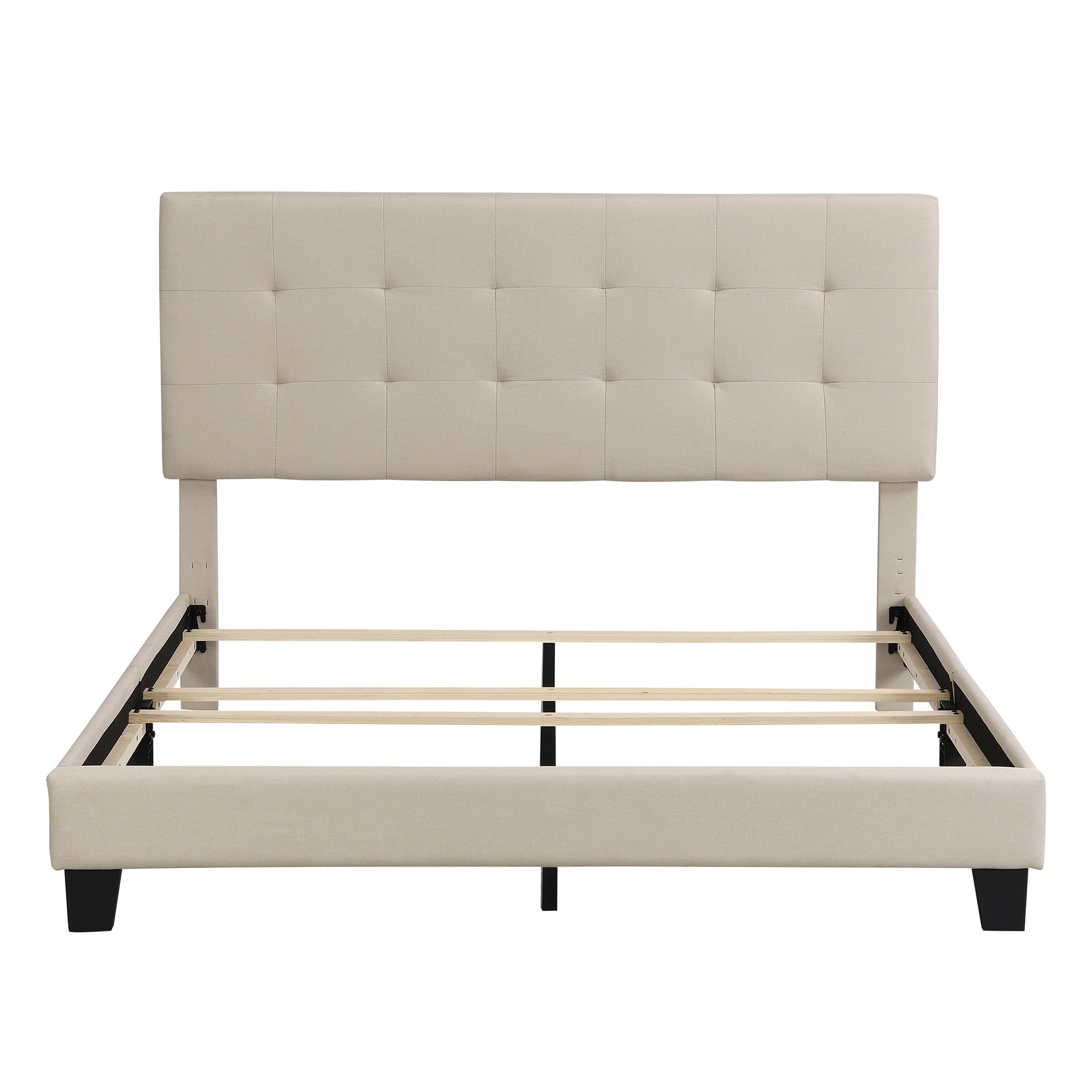 Queen Size Bed with Tufted Headboard, Box Spring Needed - Beige Linen Fabric
