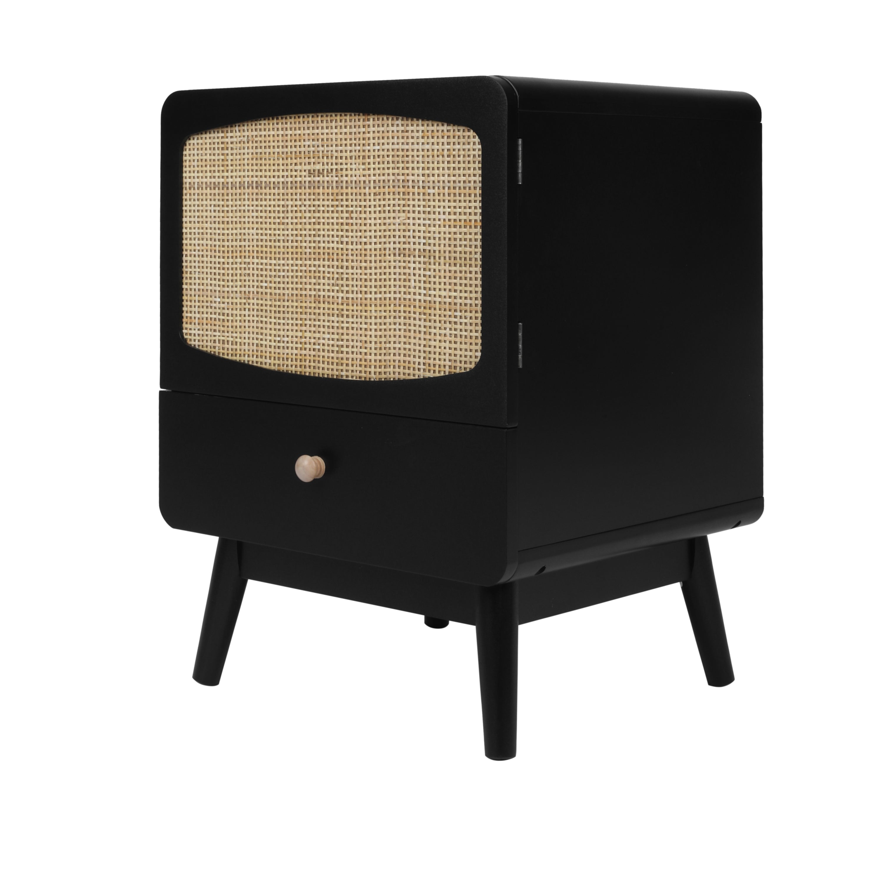 ILO Black Nightstand with Storage Drawer/ Rattan Door