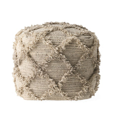 Handcrafted Boho Wool and Cotton Pouf - Gray