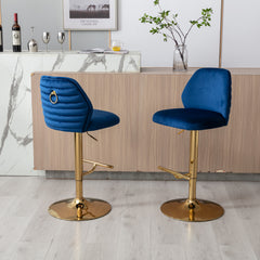 Modern Swivel Bar Stools Chair Adjustable (Set of 2) - Chrome Golden Base/ Navy Blue