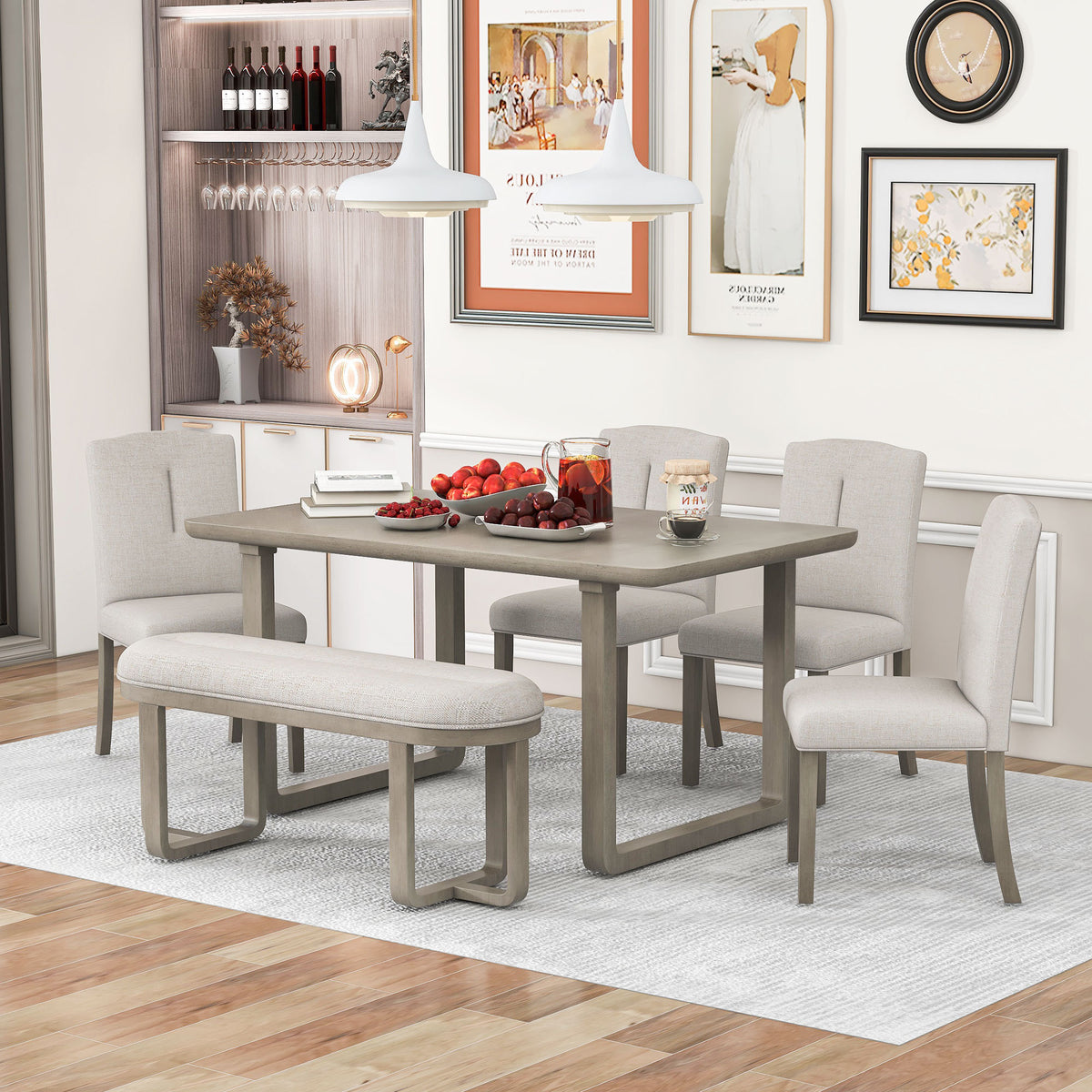 6-Piece Retro-Style Dining Set Includes Dining Table, 4 Upholstered Chairs & Bench with Foam-covered Seat Backs & Cushions - Light Khaki + Beige