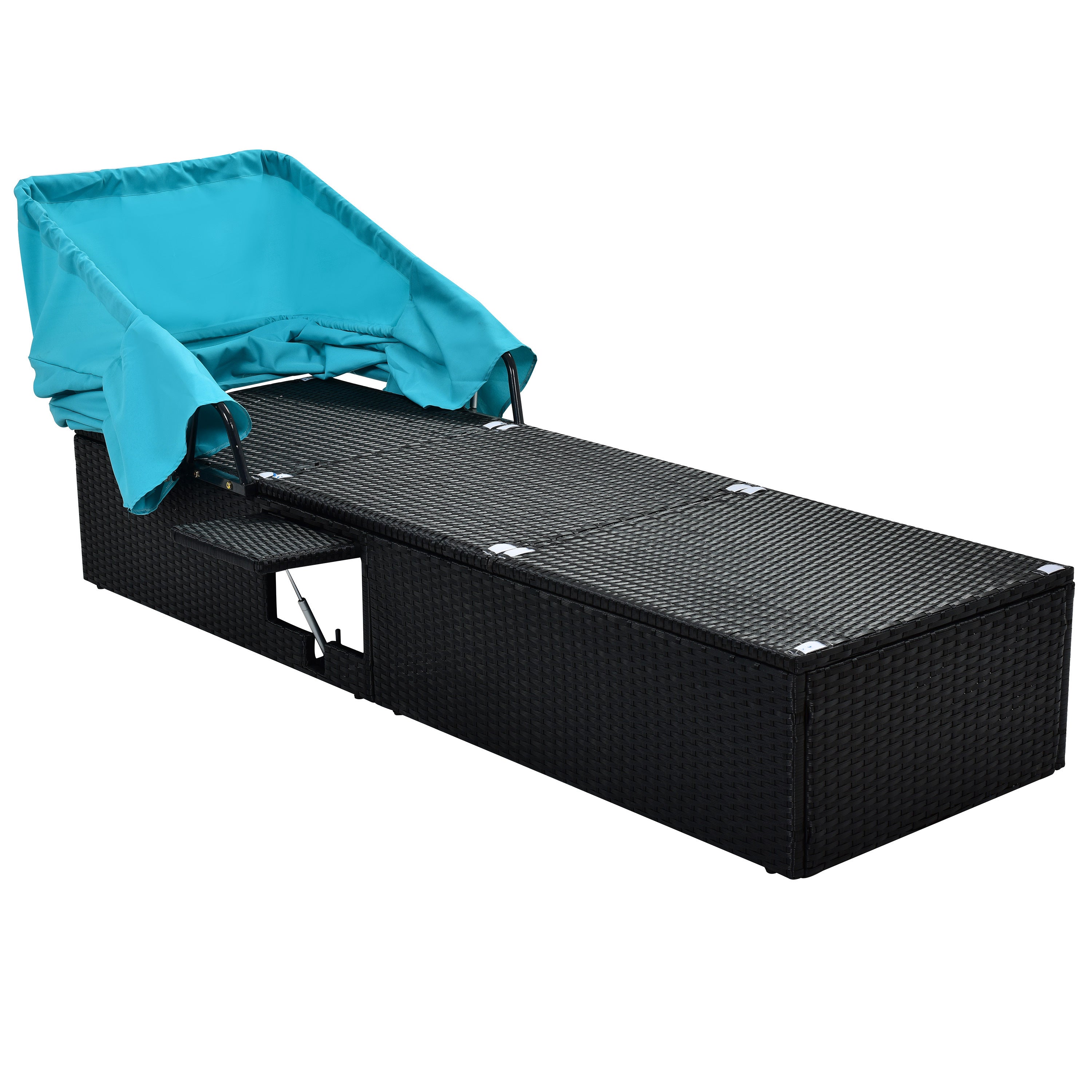76.8" Long Reclining Single Chaise Lounge with Cushions, Canopy and Cup Table (Set of 2) - Black Wicker + Blue Cushion