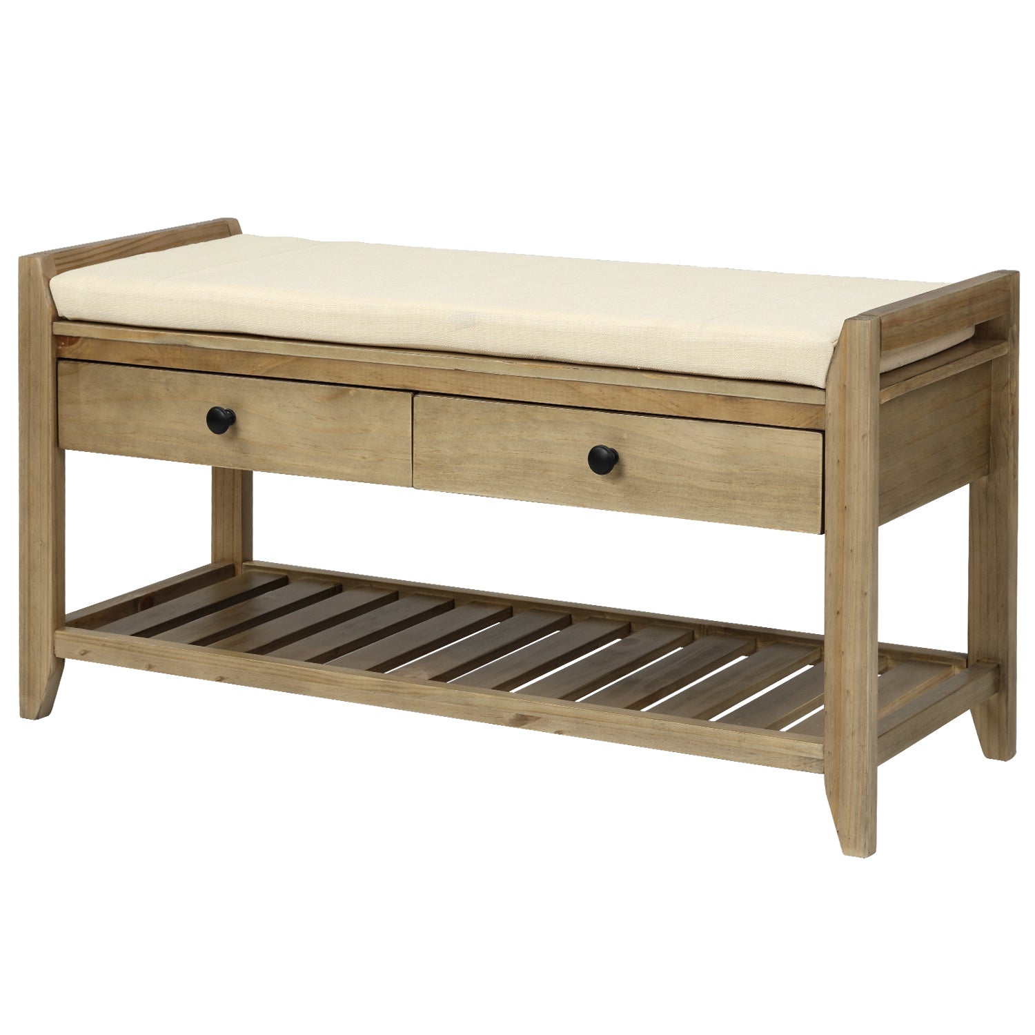 Shoe Rack with Cushioned Seat and Drawers, Multipurpose Entryway Storage Bench - Gray Wash