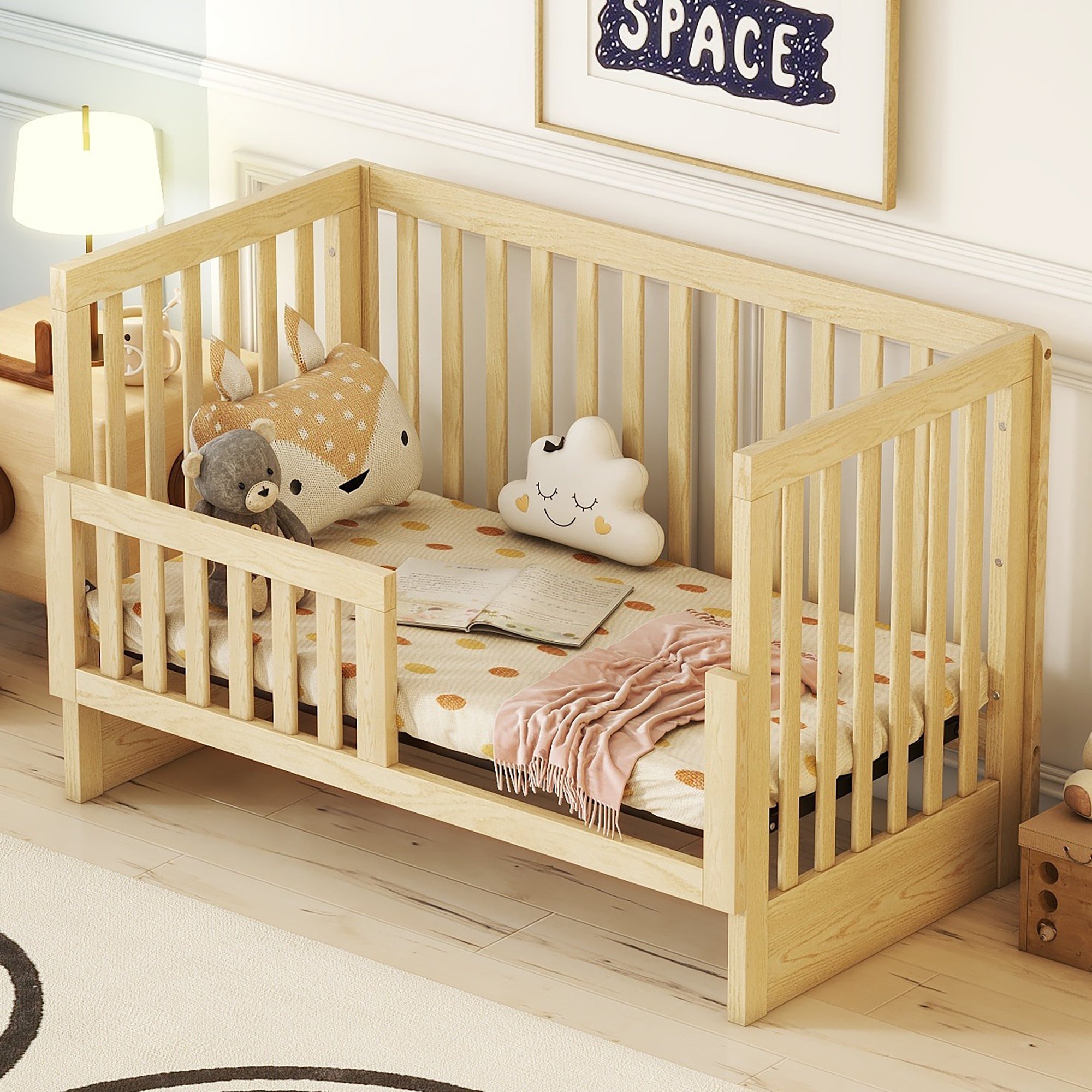 Convertible Crib/Full Size Bed with Changing Table - Natural